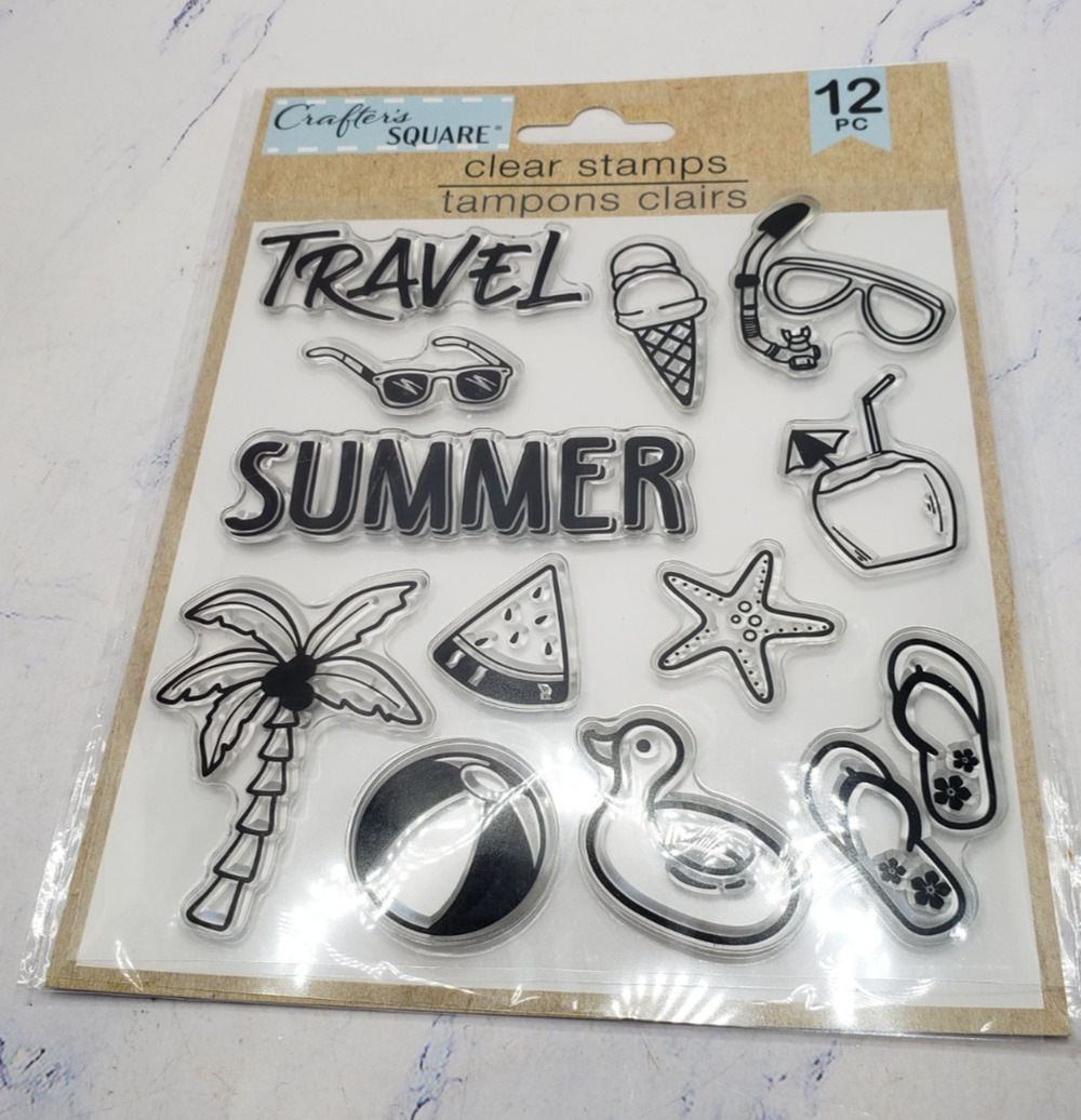 Crafter's Square Photopolymer Clear Stamps Summer Travel Theme 12 pc Set